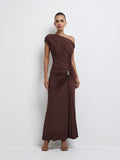 Asymmetric Off Shoulder Draped Formal Long Dress
