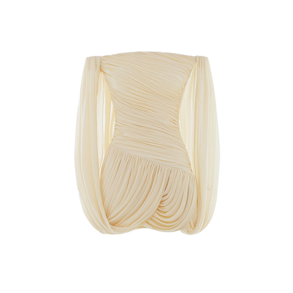 Off Shoulder Flowy Sleeve Ruched Mini Dress
