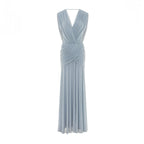 Women Deep V Cape Sleeve Cross Wrap Ruched Waist Sheer Chiffon Flowy Floor Length Maxi Formal Gown