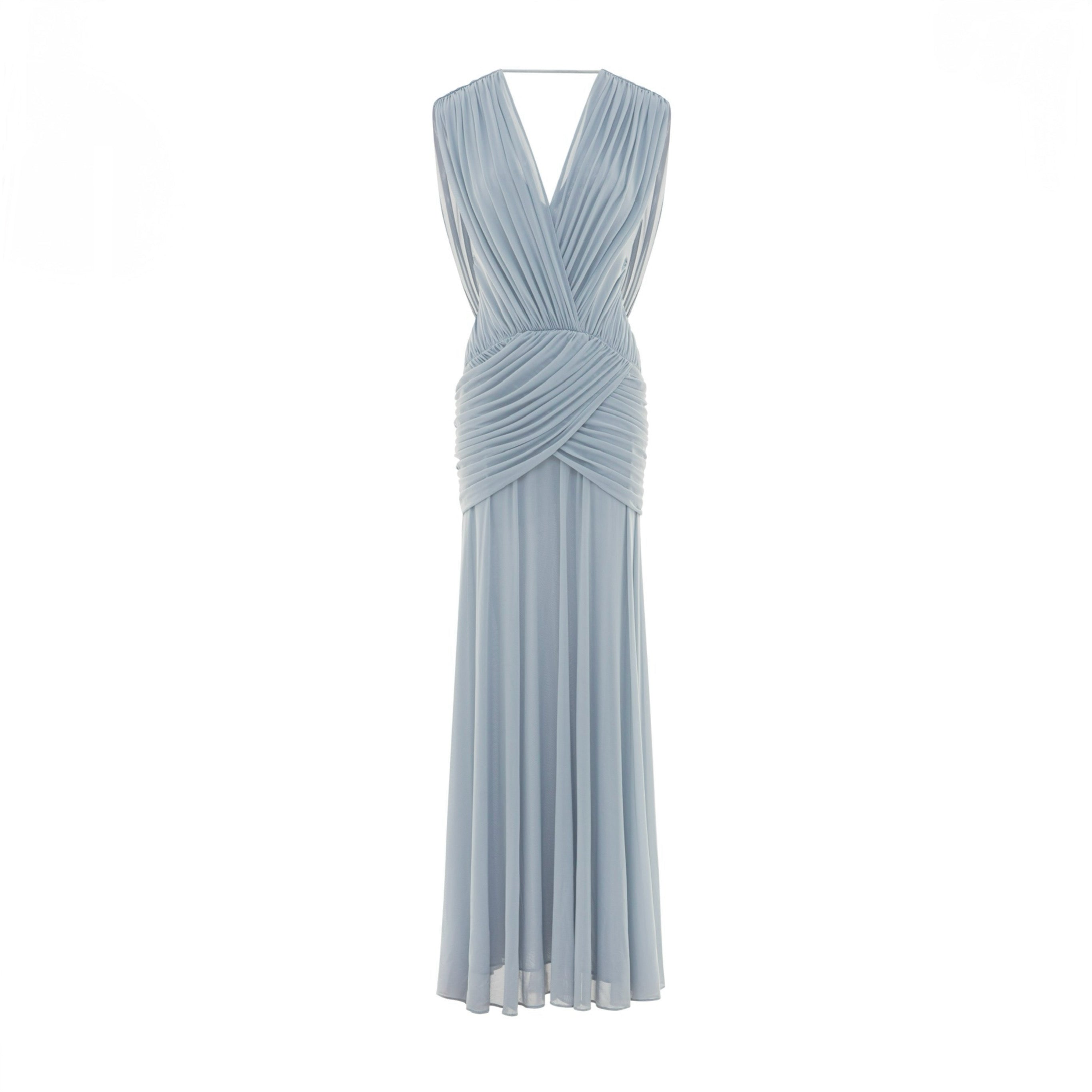 Women Deep V Cape Sleeve Cross Wrap Ruched Waist Sheer Chiffon Flowy Floor Length Maxi Formal Gown