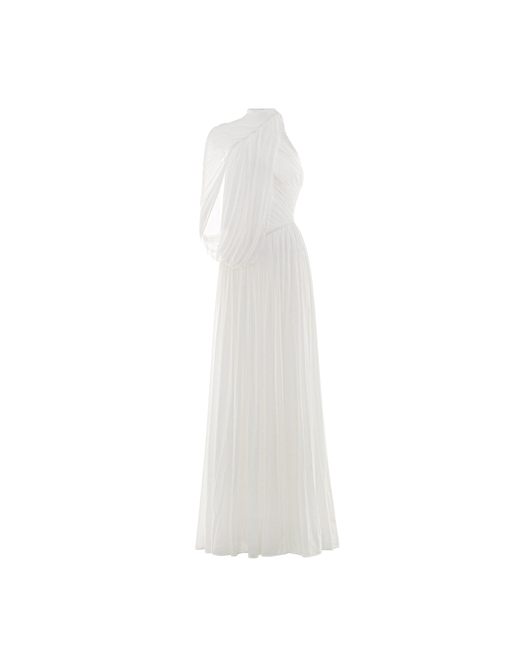 Halter Neck Single Cape Sleeve Cross Ruched Bodice Pleated Chiffon Maxi Gown