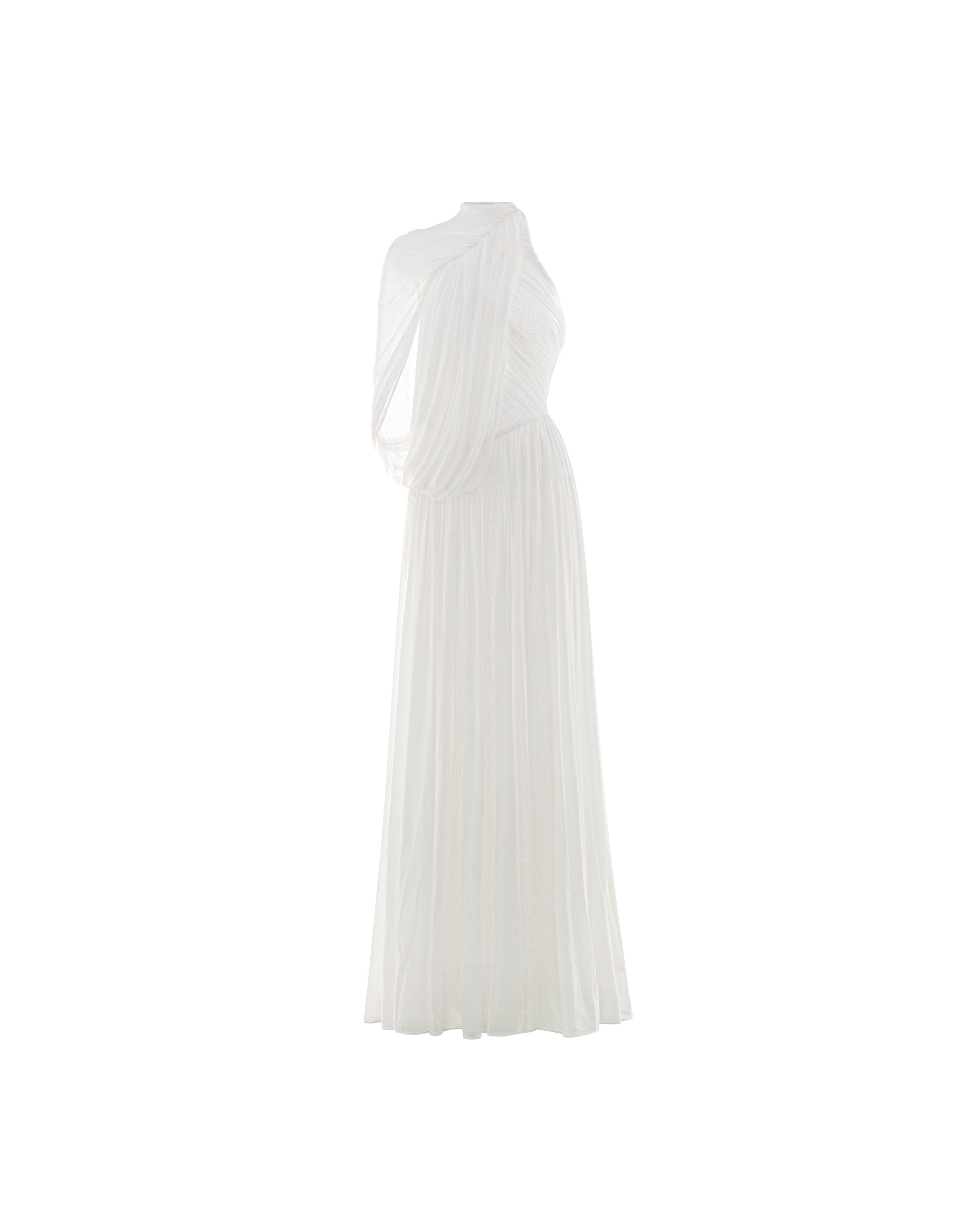 Halter Neck Single Cape Sleeve Cross Ruched Bodice Pleated Chiffon Maxi Gown