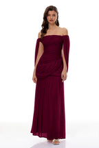 Draped Wrap Waist Floaty Cape Sleeve Flowy Skirt Formal Long Dress