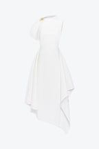 High Neck Fold Shoulder Sleeveless Asymmetric Hem Midi Gown