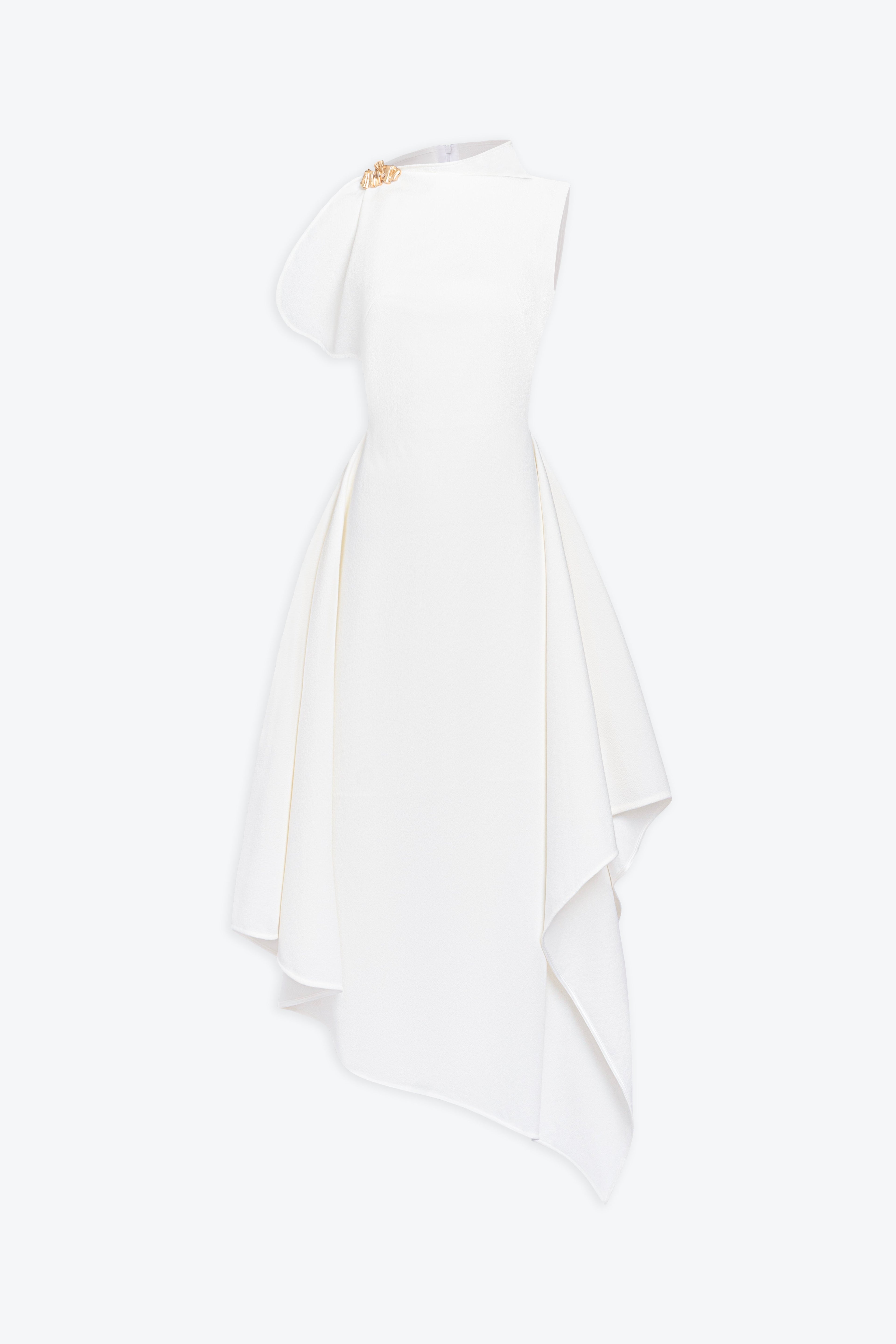 High Neck Fold Shoulder Sleeveless Asymmetric Hem Midi Gown