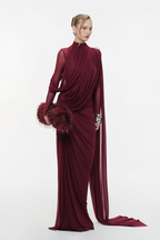 Sheer Sleeve Draped Cape Detail Ruched Waist Formal Evening Gown