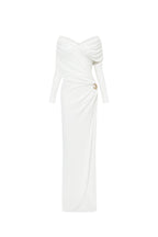 Minimalist V-Neck Wrap Ruched Bodice Diagonal Drape Stretch Knit Long Formal Dress