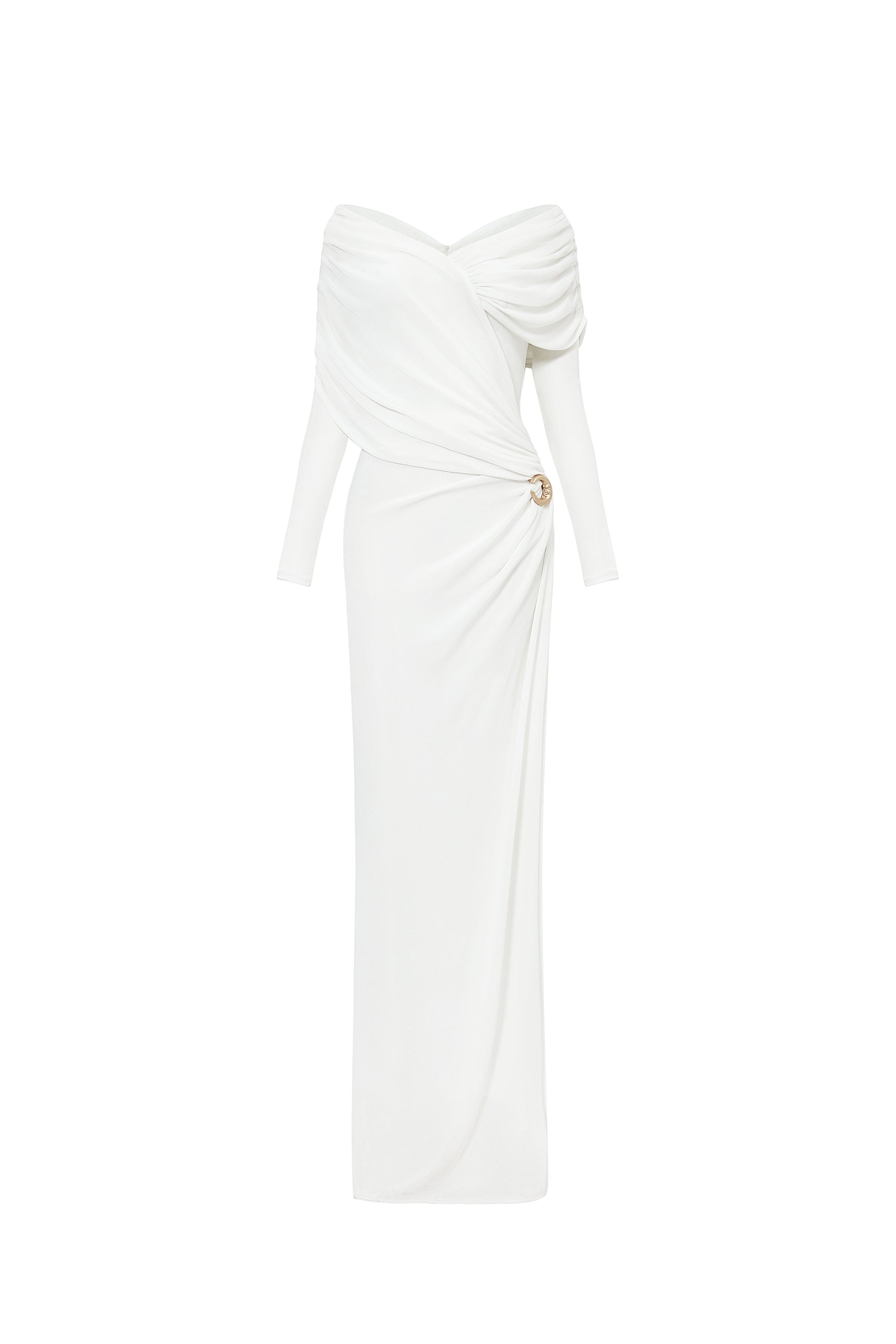 Minimalist V-Neck Wrap Ruched Bodice Diagonal Drape Stretch Knit Long Formal Dress