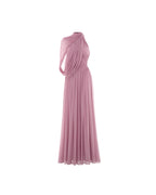 Halter Neck Single Cape Sleeve Cross Ruched Bodice Pleated Chiffon Maxi Gown