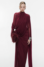 Sheer Sleeve Draped Cape Detail Ruched Waist Formal Evening Gown