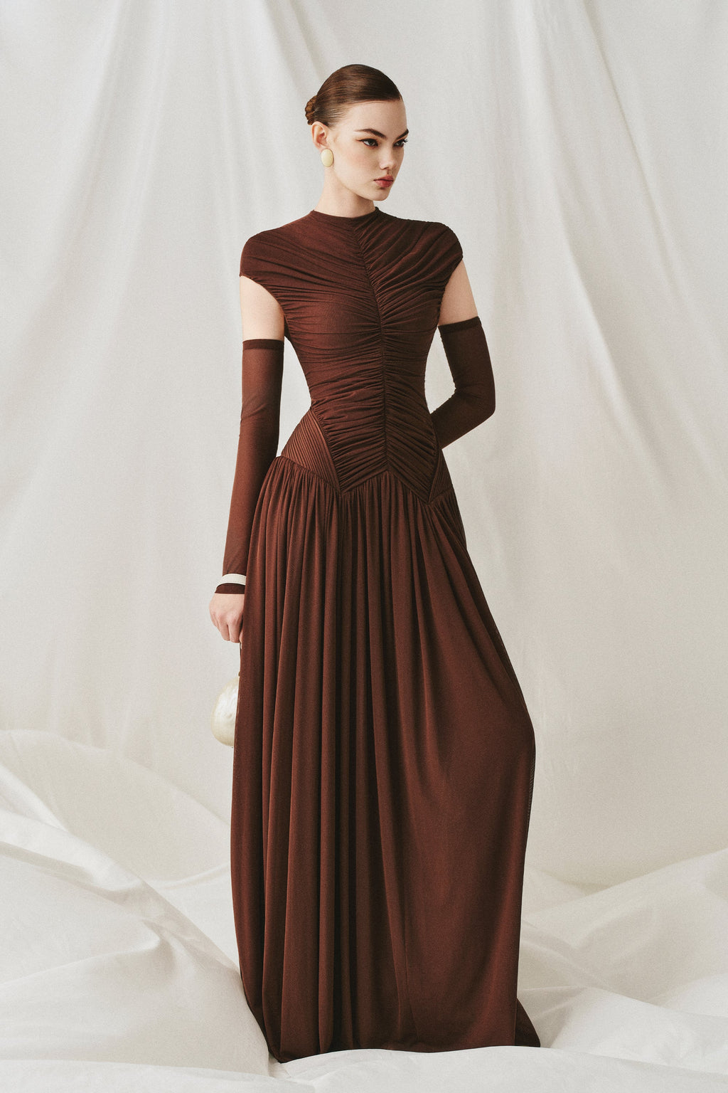 Elegant Structured Pleated Waist Long Formal Party Maxi Dress