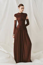Elegant Structured Pleated Waist Long Formal Party Maxi Dress