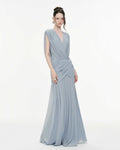 Women Deep V Cape Sleeve Cross Wrap Ruched Waist Sheer Chiffon Flowy Floor Length Maxi Formal Gown