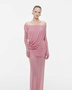 Bardot Neck Asymmetric Diagonal Draped Ruched Waist Sheer Skirt Formal Dress