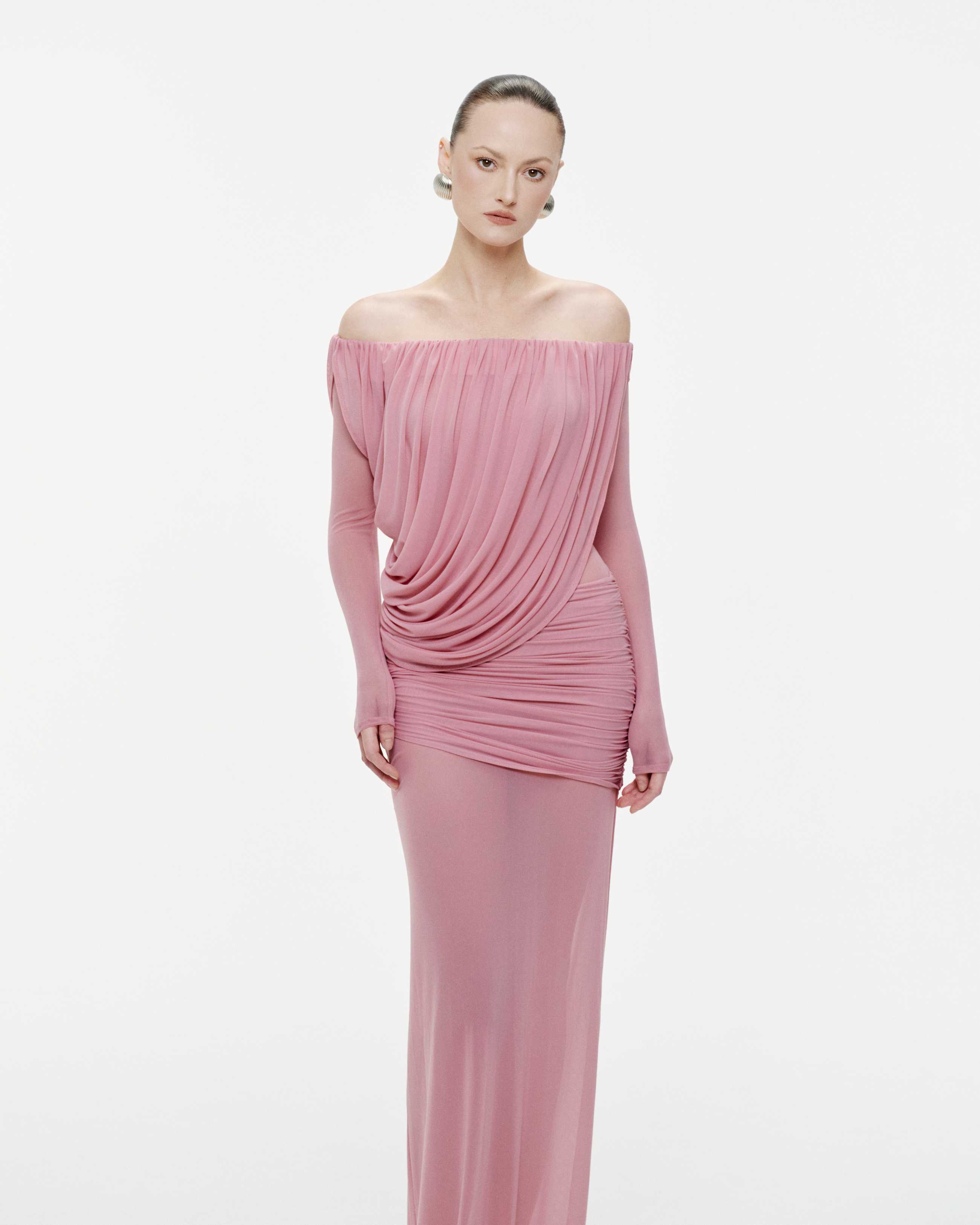 Bardot Neck Asymmetric Diagonal Draped Ruched Waist Sheer Skirt Formal Dress