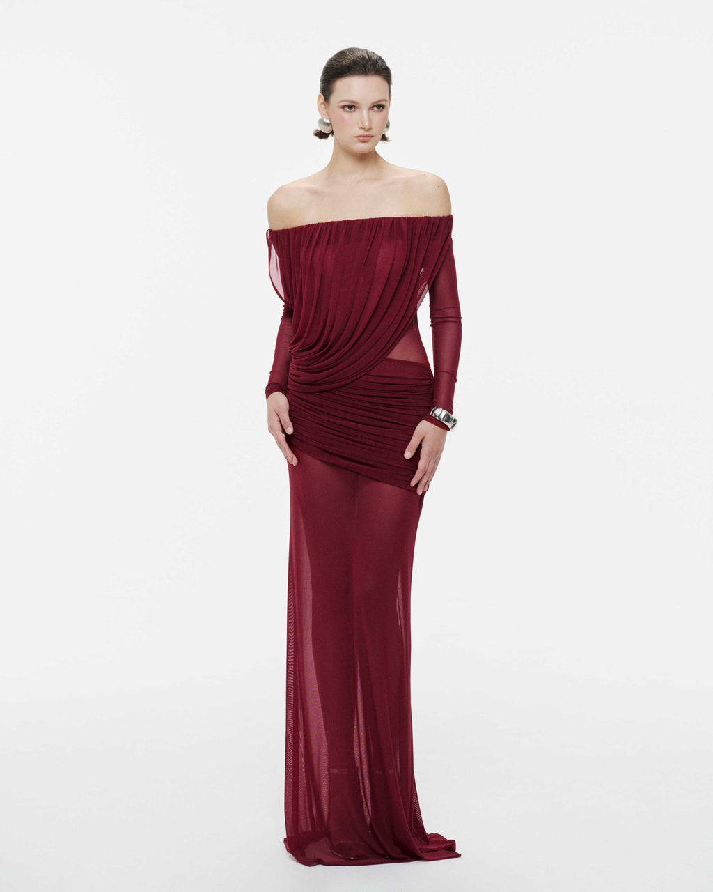 Bardot Neck Asymmetric Diagonal Draped Ruched Waist Sheer Skirt Formal Dress