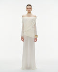 Bardot Neck Asymmetric Diagonal Draped Ruched Waist Sheer Skirt Formal Dress