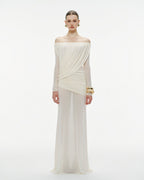 Bardot Neck Asymmetric Diagonal Draped Ruched Waist Sheer Skirt Formal Dress