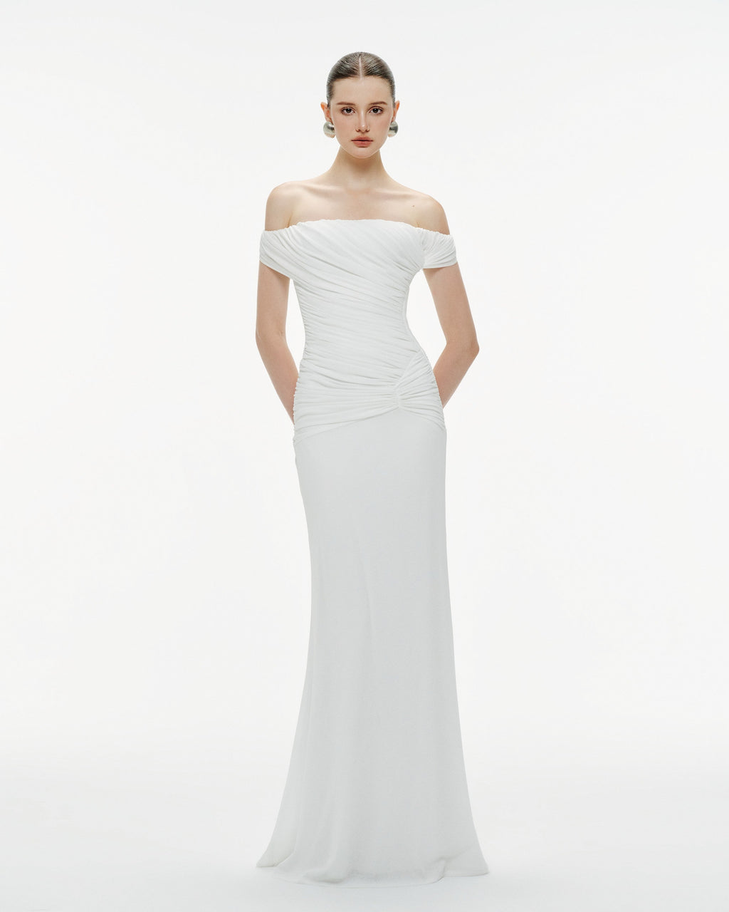 Diagonal Ruched Waist Off Shoulder Mermaid Evening Gown