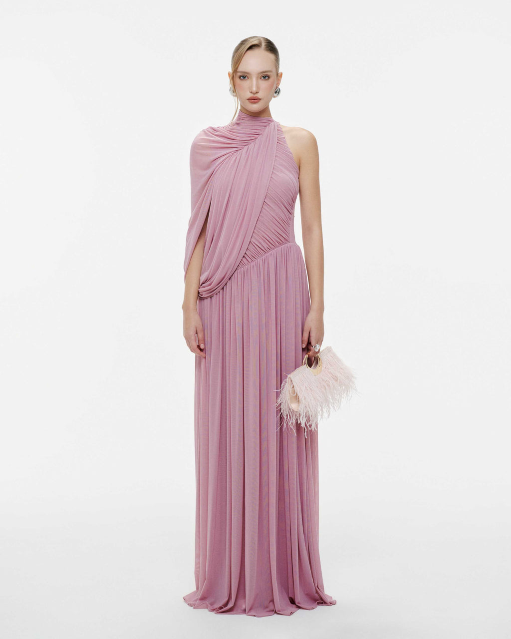 Halter Neck Single Cape Sleeve Cross Ruched Bodice Pleated Chiffon Maxi Gown