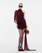 Fluid Cape Drape Ruched Bodycon Mini Dress With Long Side Train