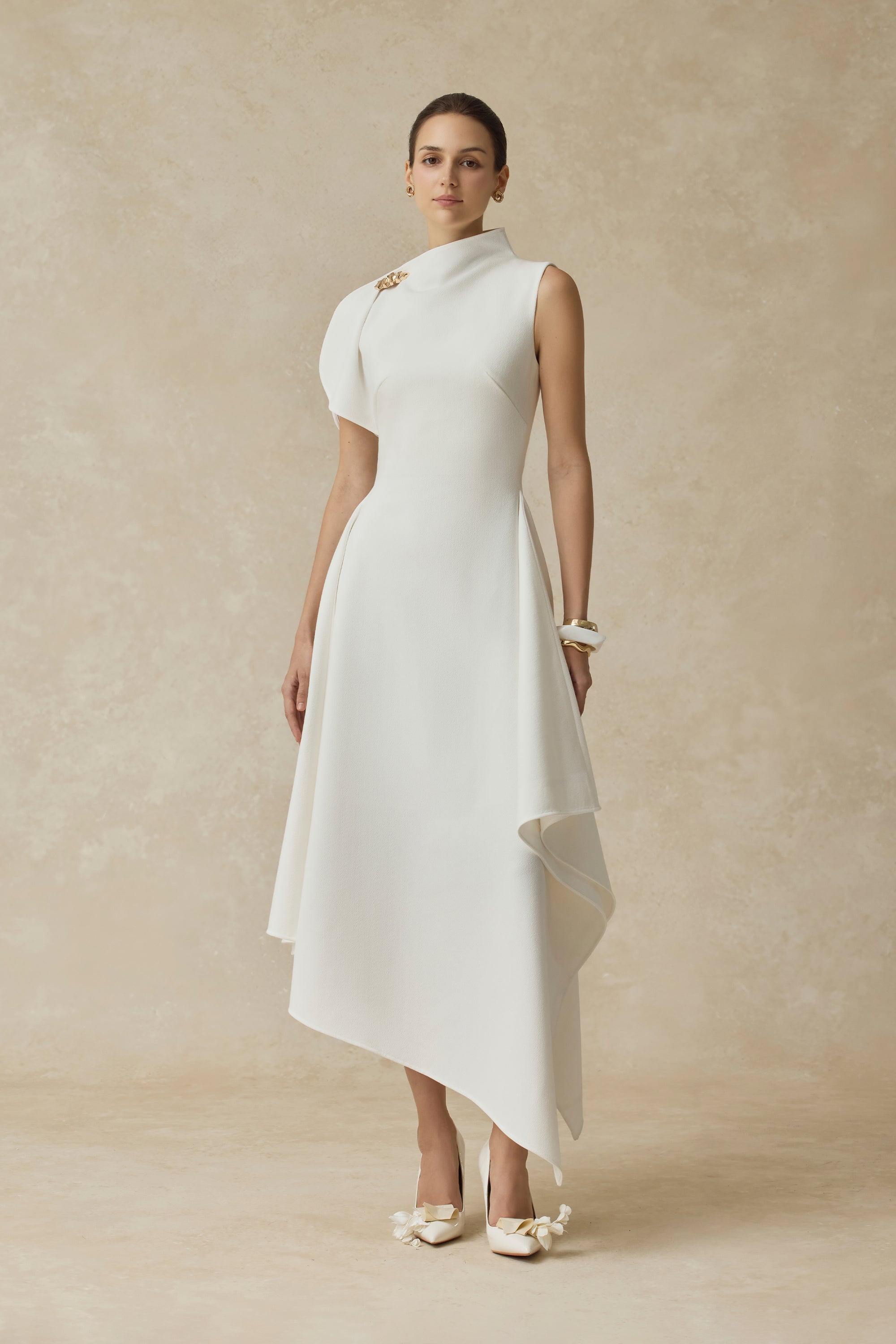 High Neck Fold Shoulder Sleeveless Asymmetric Hem Midi Gown