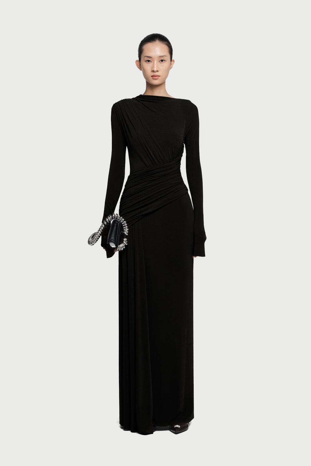 Boat Neck Long Sleeve Diagonal Cross Wrap Ruched Waist Asymmetric Side Panel Maxi Gown