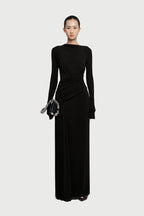 Boat Neck Long Sleeve Diagonal Cross Wrap Ruched Waist Asymmetric Side Panel Maxi Gown
