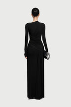 Boat Neck Long Sleeve Diagonal Cross Wrap Ruched Waist Asymmetric Side Panel Maxi Gown