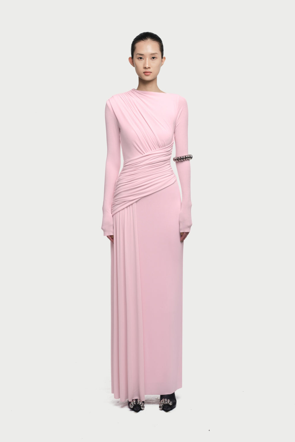 Boat Neck Long Sleeve Diagonal Cross Wrap Ruched Waist Asymmetric Side Panel Maxi Gown