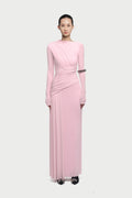 Boat Neck Long Sleeve Diagonal Cross Wrap Ruched Waist Asymmetric Side Panel Maxi Gown