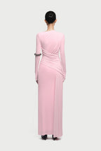 Boat Neck Long Sleeve Diagonal Cross Wrap Ruched Waist Asymmetric Side Panel Maxi Gown