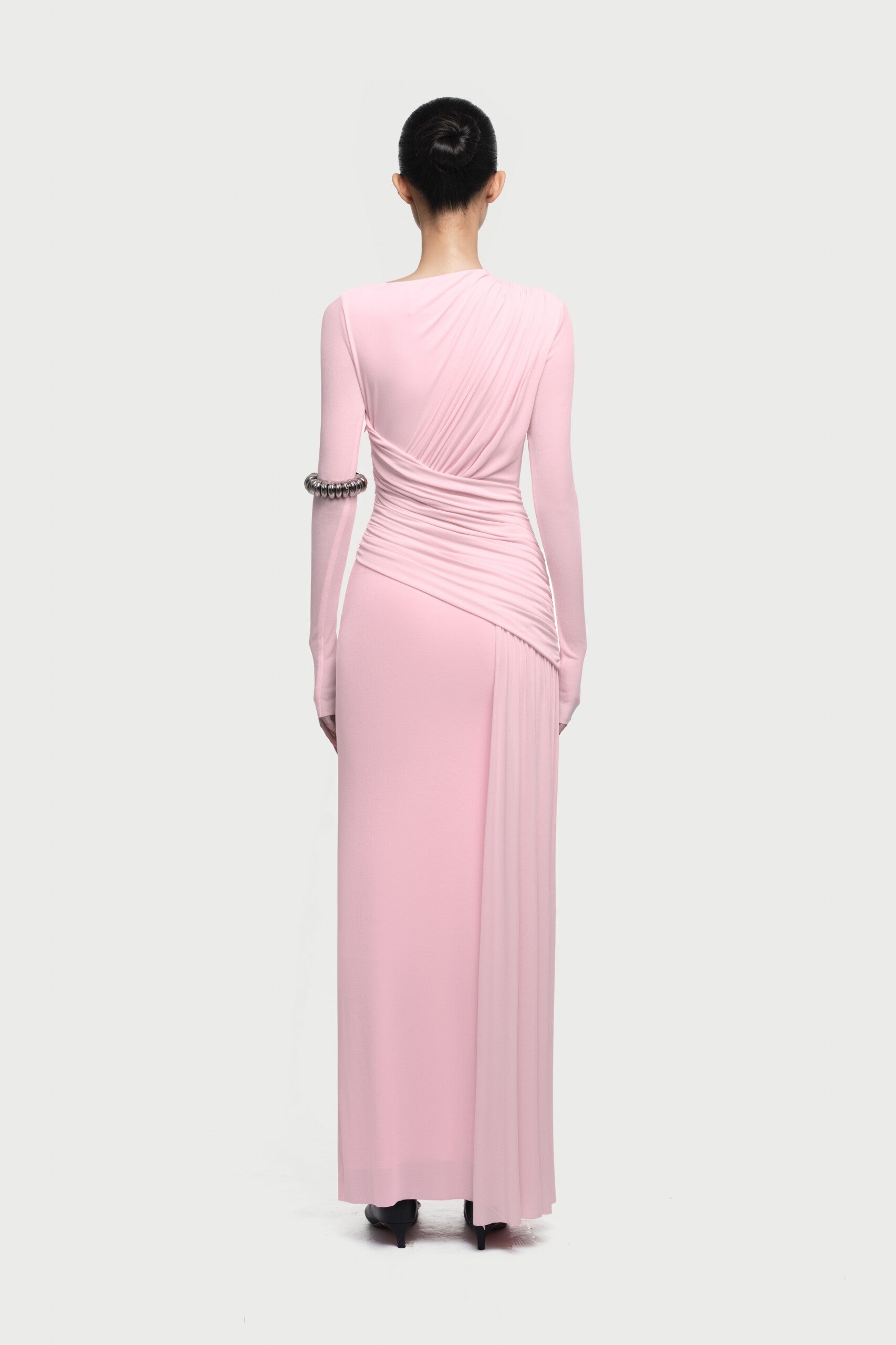 Boat Neck Long Sleeve Diagonal Cross Wrap Ruched Waist Asymmetric Side Panel Maxi Gown