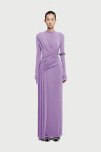 Boat Neck Long Sleeve Diagonal Cross Wrap Ruched Waist Asymmetric Side Panel Maxi Gown