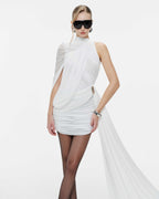 Fluid Cape Drape Ruched Bodycon Mini Dress With Long Side Train
