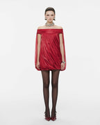 High Neck Sheer Mesh Sleeve Cape Draped Ruched Train Maxi Gown