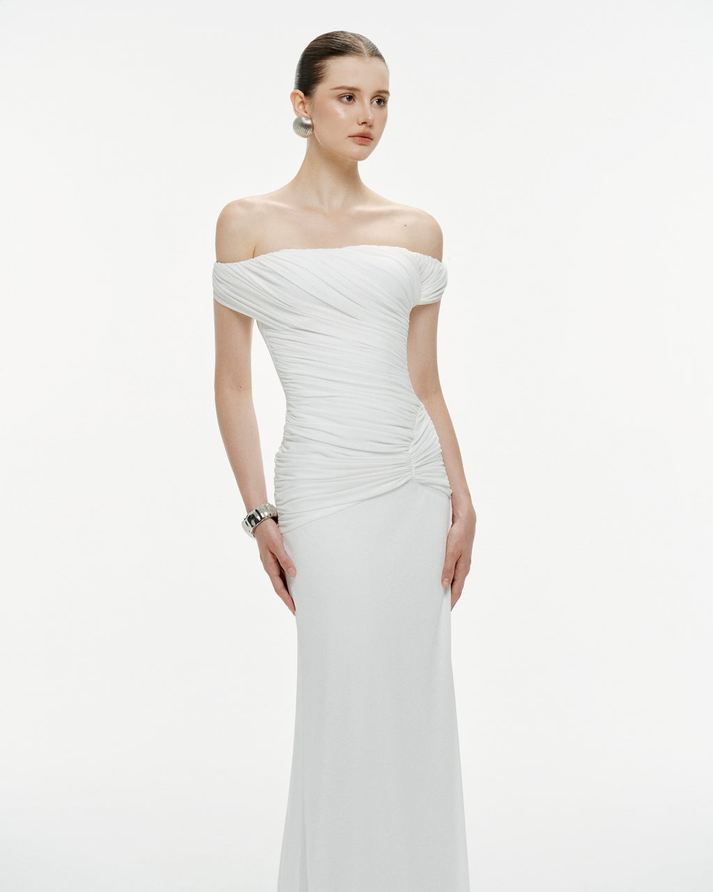 Diagonal Ruched Waist Off Shoulder Mermaid Evening Gown