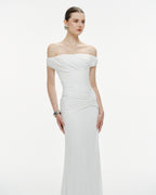 Diagonal Ruched Waist Off Shoulder Mermaid Evening Gown