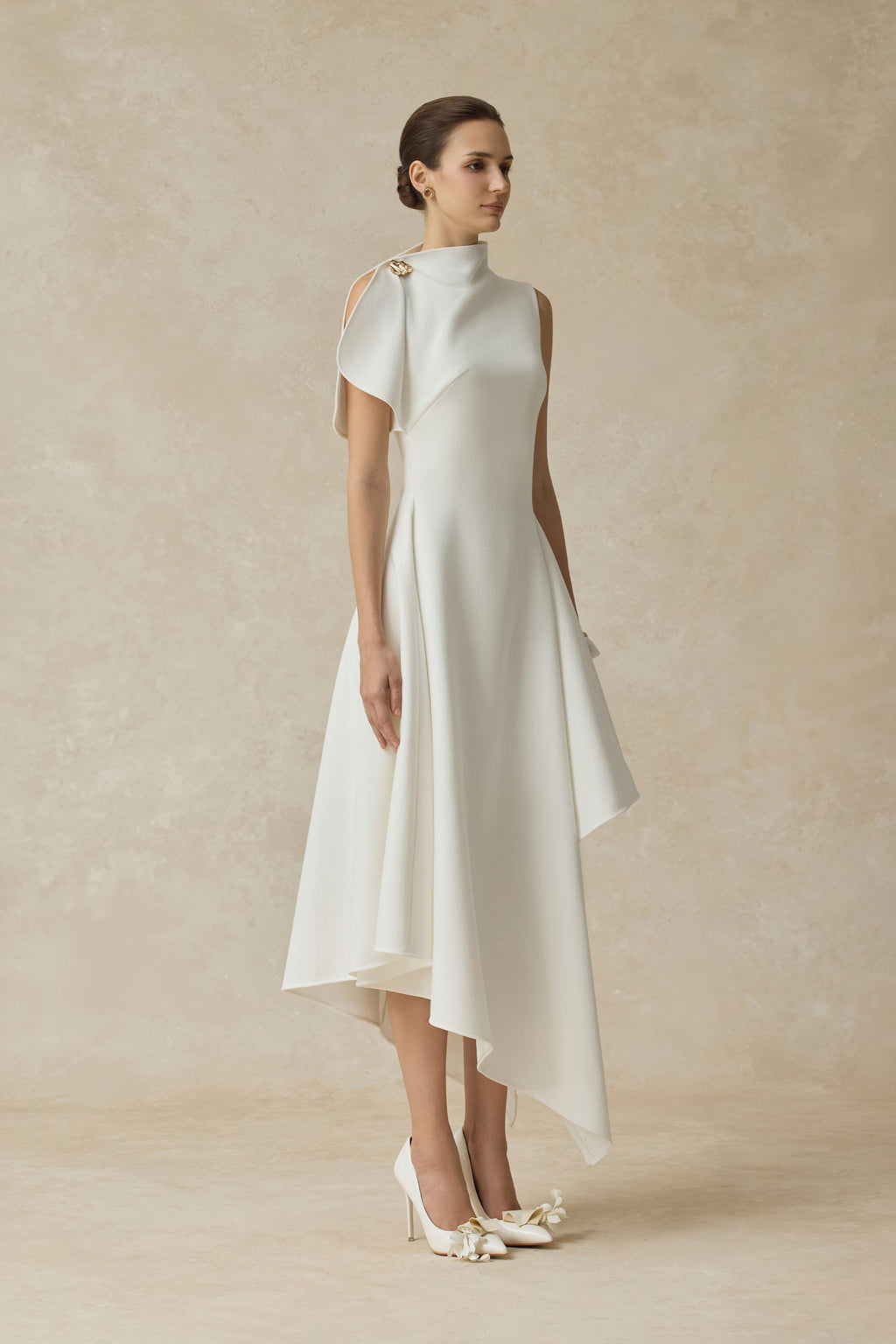 High Neck Fold Shoulder Sleeveless Asymmetric Hem Midi Gown