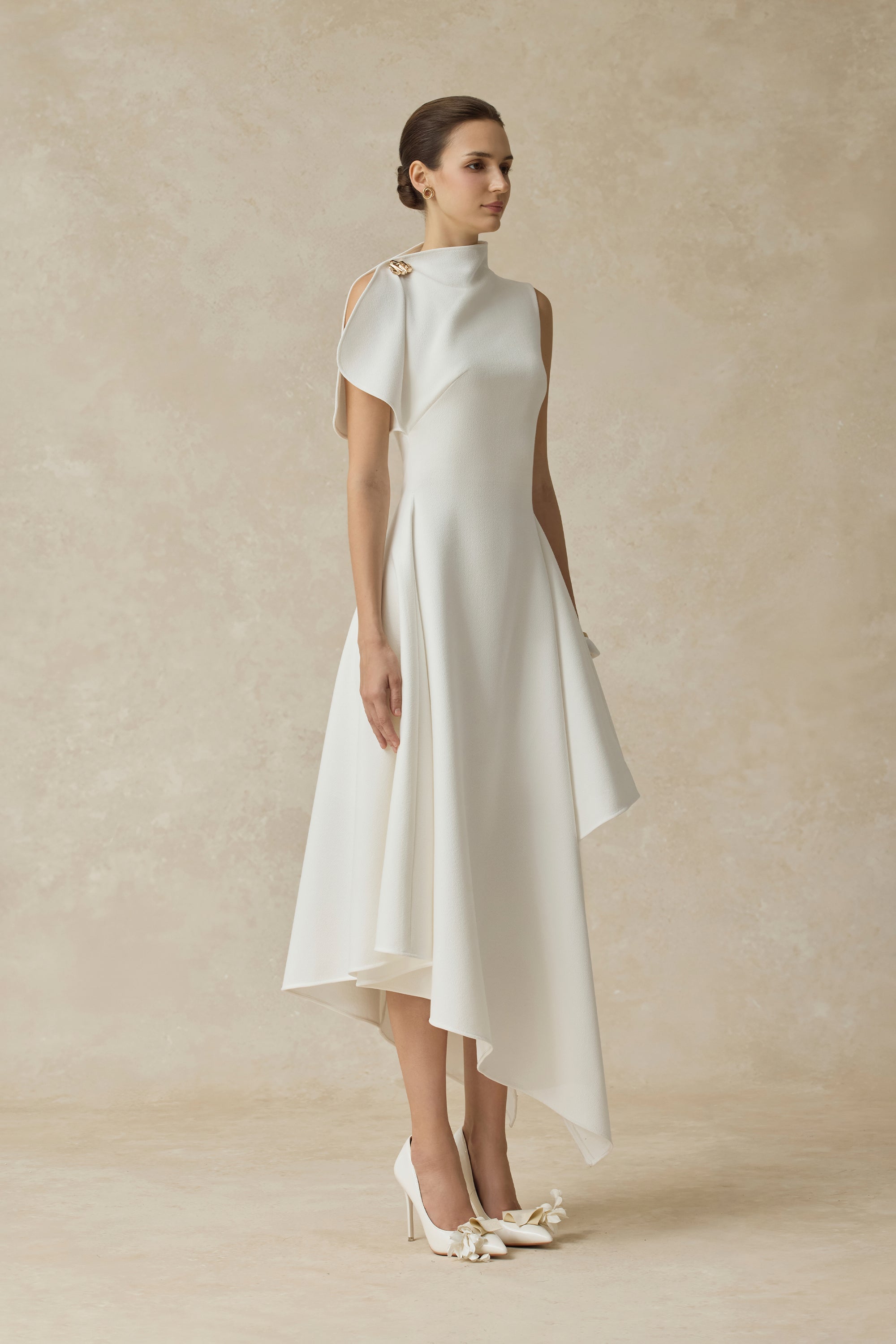 High Neck Fold Shoulder Sleeveless Asymmetric Hem Midi Gown