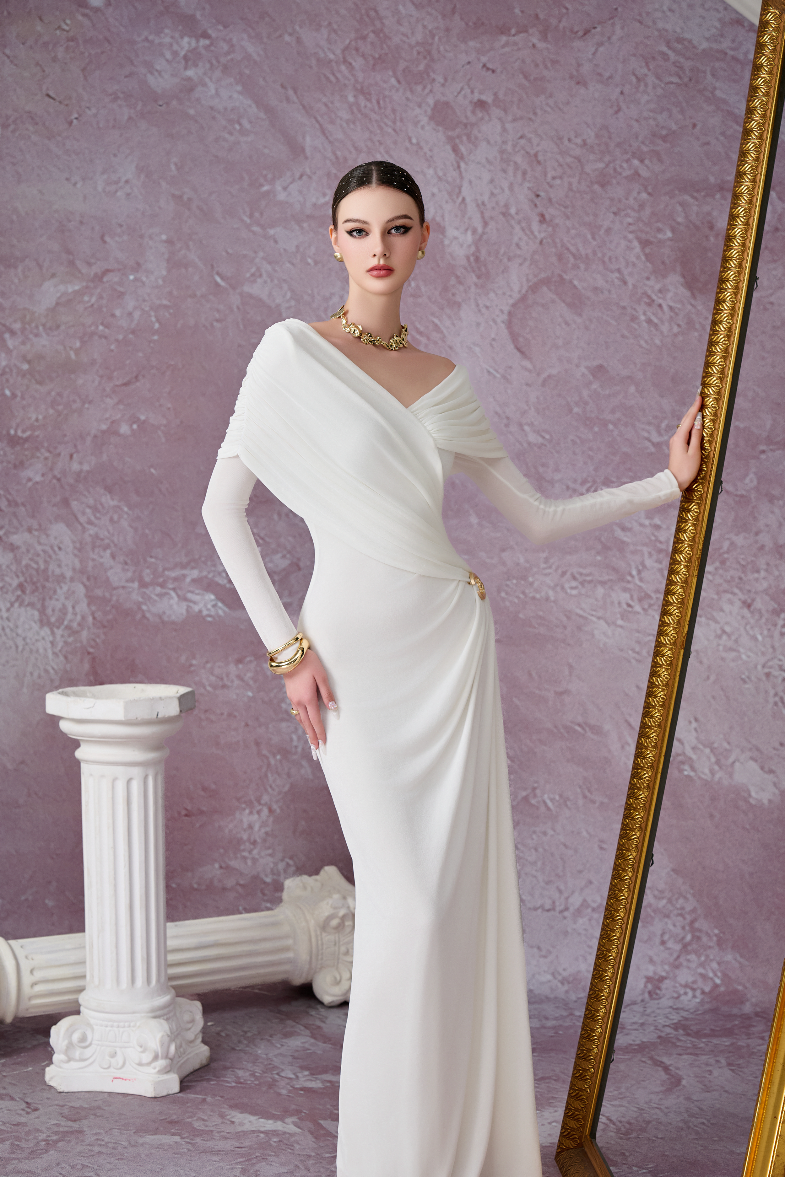 Minimalist V-Neck Wrap Ruched Bodice Diagonal Drape Stretch Knit Long Formal Dress