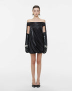High Neck Sheer Mesh Sleeve Cape Draped Ruched Train Maxi Gown
