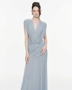 Women Deep V Cape Sleeve Cross Wrap Ruched Waist Sheer Chiffon Flowy Floor Length Maxi Formal Gown