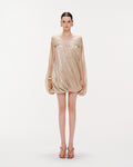 High Neck Sheer Mesh Sleeve Cape Draped Ruched Train Maxi Gown