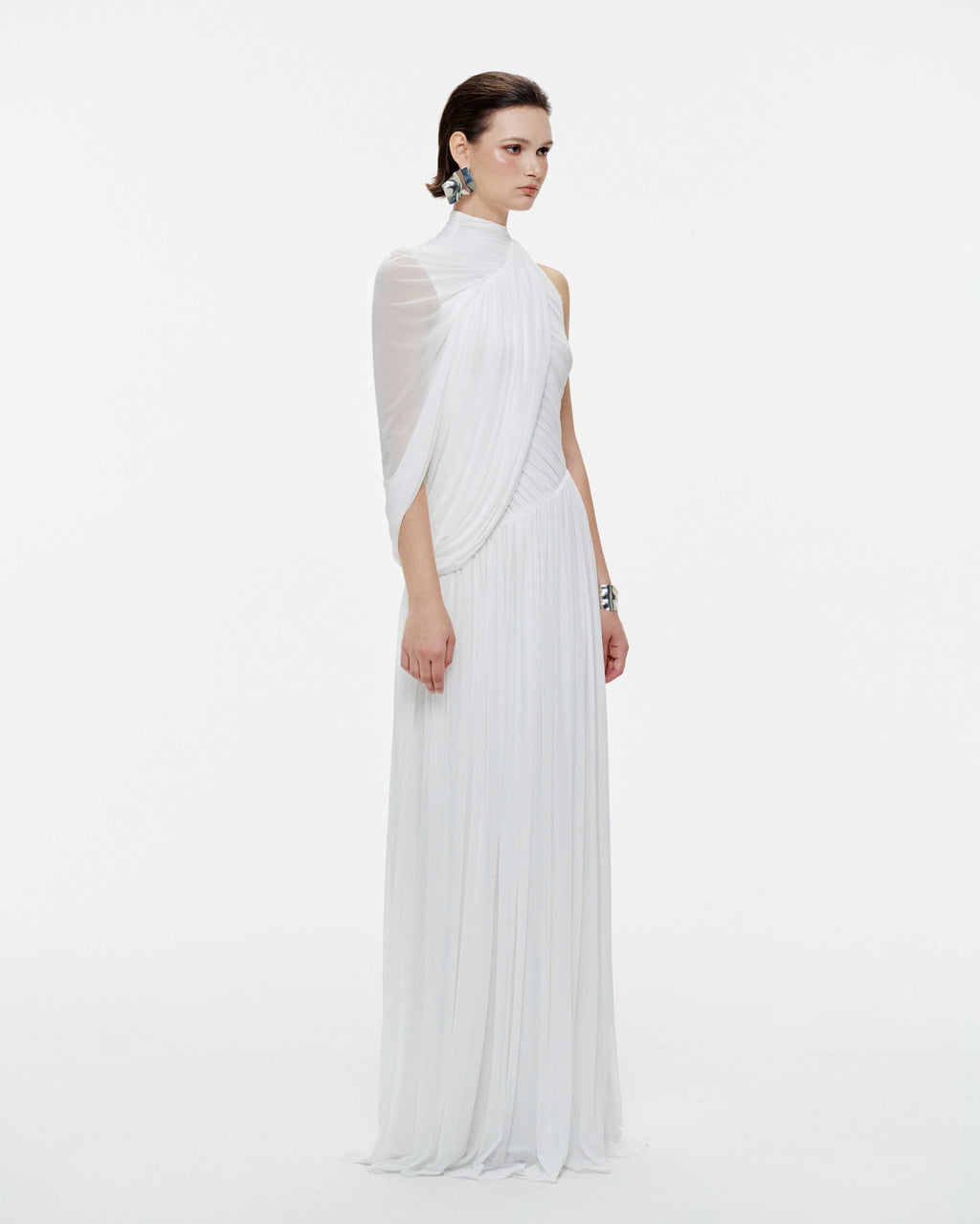 Halter Neck Single Cape Sleeve Cross Ruched Bodice Pleated Chiffon Maxi Gown
