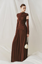 Elegant Structured Pleated Waist Long Formal Party Maxi Dress