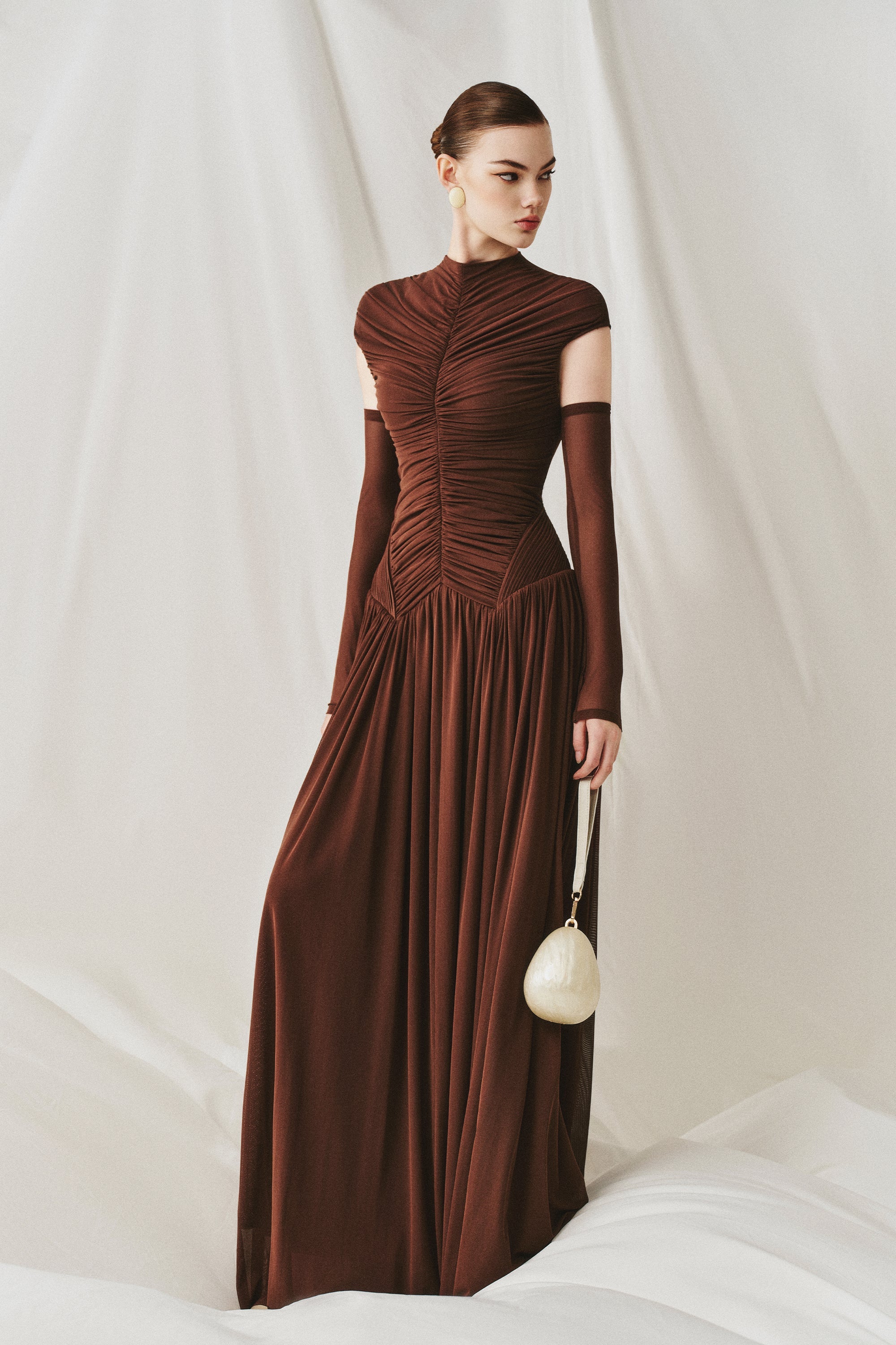 Elegant Structured Pleated Waist Long Formal Party Maxi Dress
