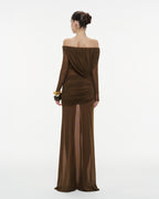 Bardot Neck Asymmetric Diagonal Draped Ruched Waist Sheer Skirt Formal Dress