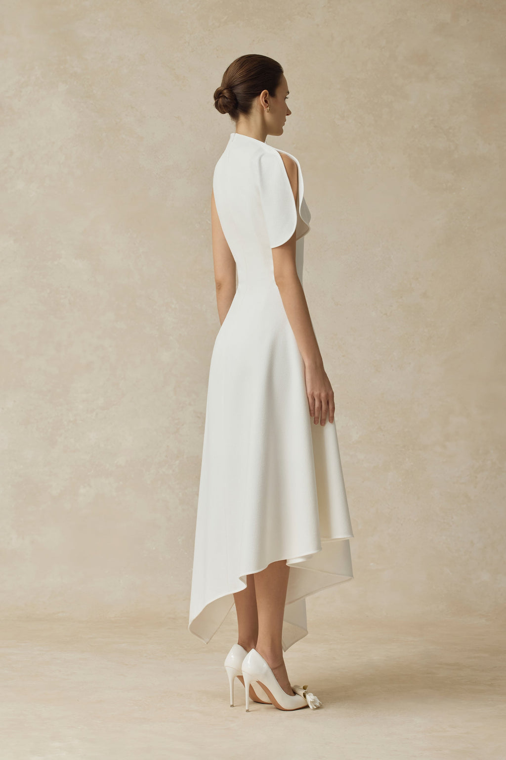 High Neck Fold Shoulder Sleeveless Asymmetric Hem Midi Gown