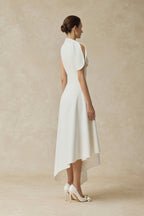 High Neck Fold Shoulder Sleeveless Asymmetric Hem Midi Gown
